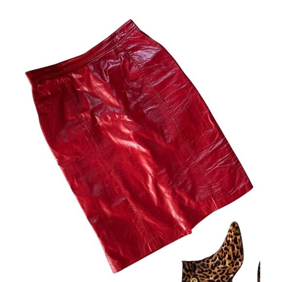 Vintage Red Leather Pencil Skirt 7/8 26” Waist - Picture 7 of 9